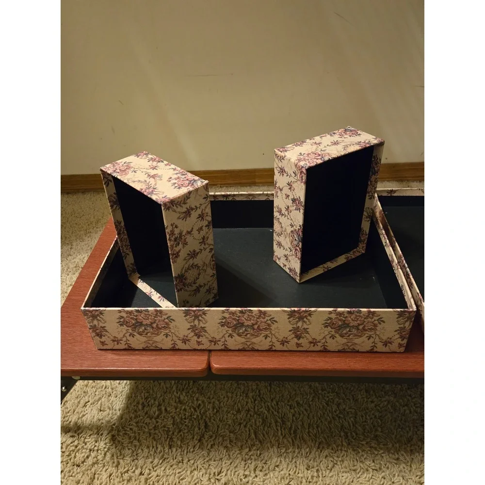 Vintage Floral Tapestry Tabletop Collage Box Photo Frame Lid Removable Trays